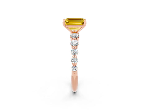 Rose gold Emerald Cut Solitaire Yellow Sapphire Ring with Pave Band and Four-Prong Setting_26