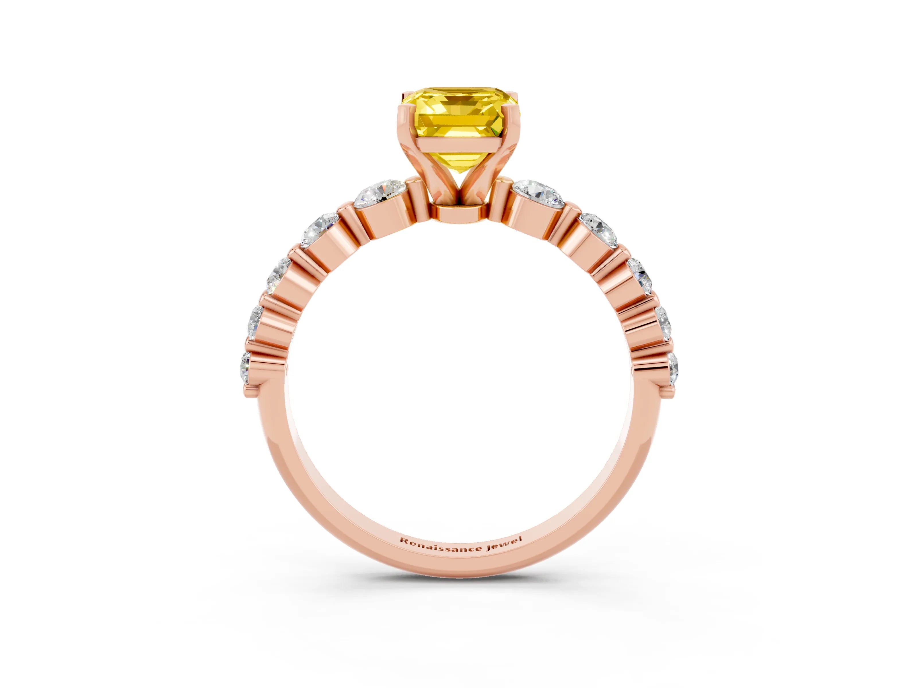 Rose gold Emerald Cut Solitaire Yellow Sapphire Ring with Pave Band and Four-Prong Setting_27