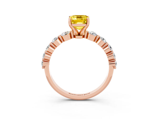 Rose gold Emerald Cut Solitaire Yellow Sapphire Ring with Pave Band and Four-Prong Setting