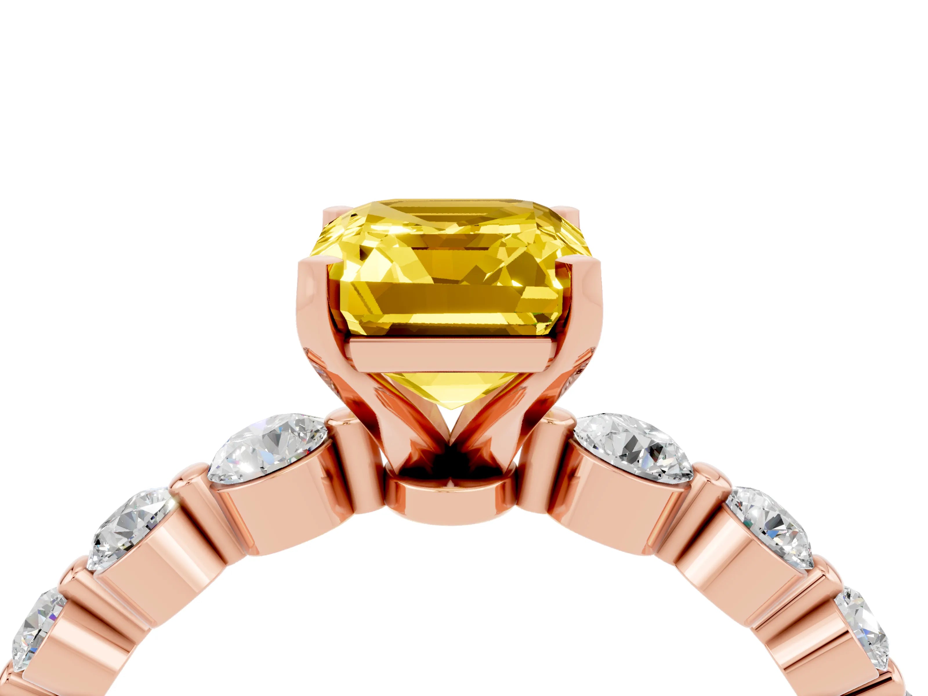 Rose gold Emerald Cut Solitaire Yellow Sapphire Ring with Pave Band and Four-Prong Setting_28