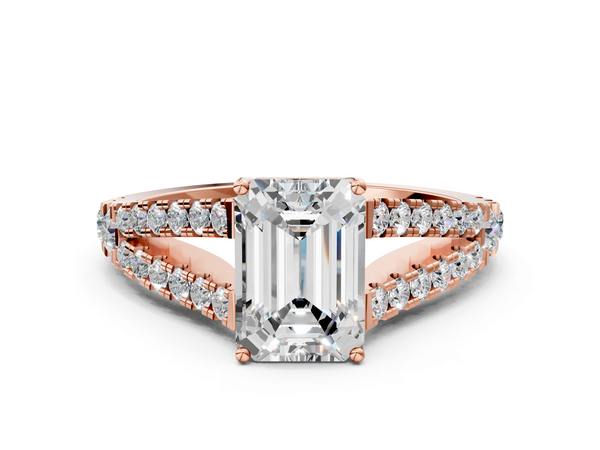 Rose gold Emerald Cut Split Shank Pave Diamond Engagement Ring with Four-Prong Setting