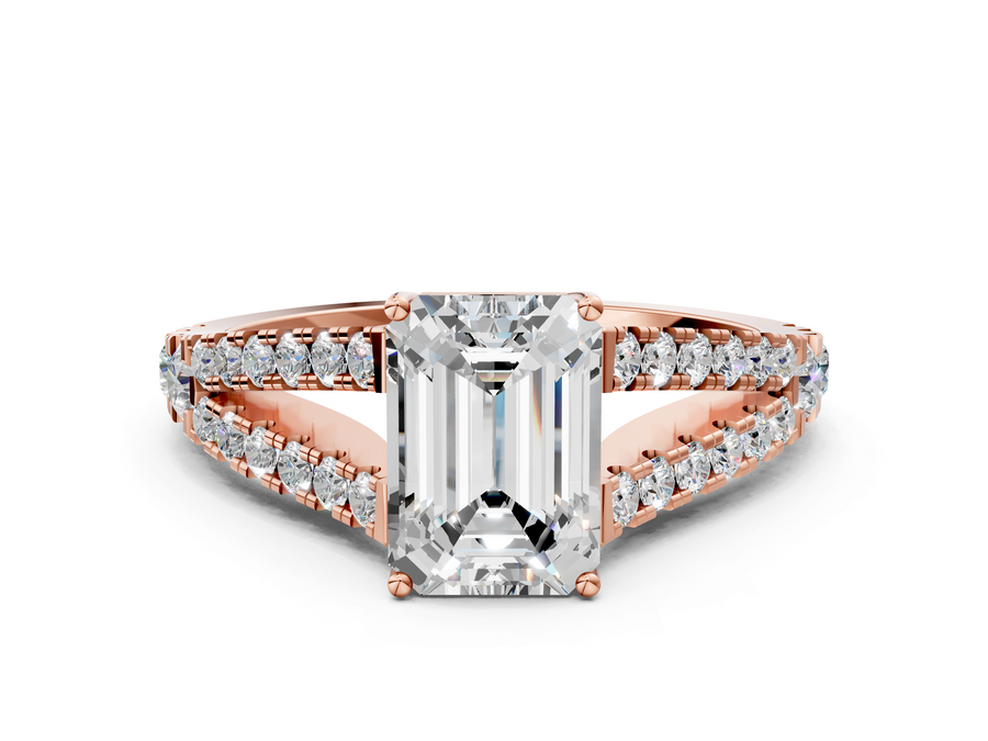Rose gold Emerald Cut Split Shank Pave Diamond Engagement Ring with Four-Prong Setting