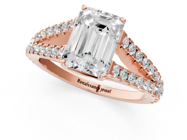 Rose gold Emerald Cut Split Shank Pave Diamond Engagement Ring with Four-Prong Setting