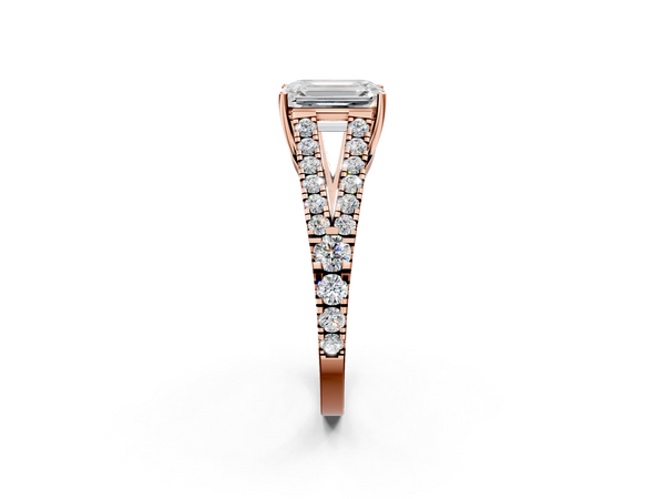 Rose gold Emerald Cut Split Shank Pave Diamond Engagement Ring with Four-Prong Setting