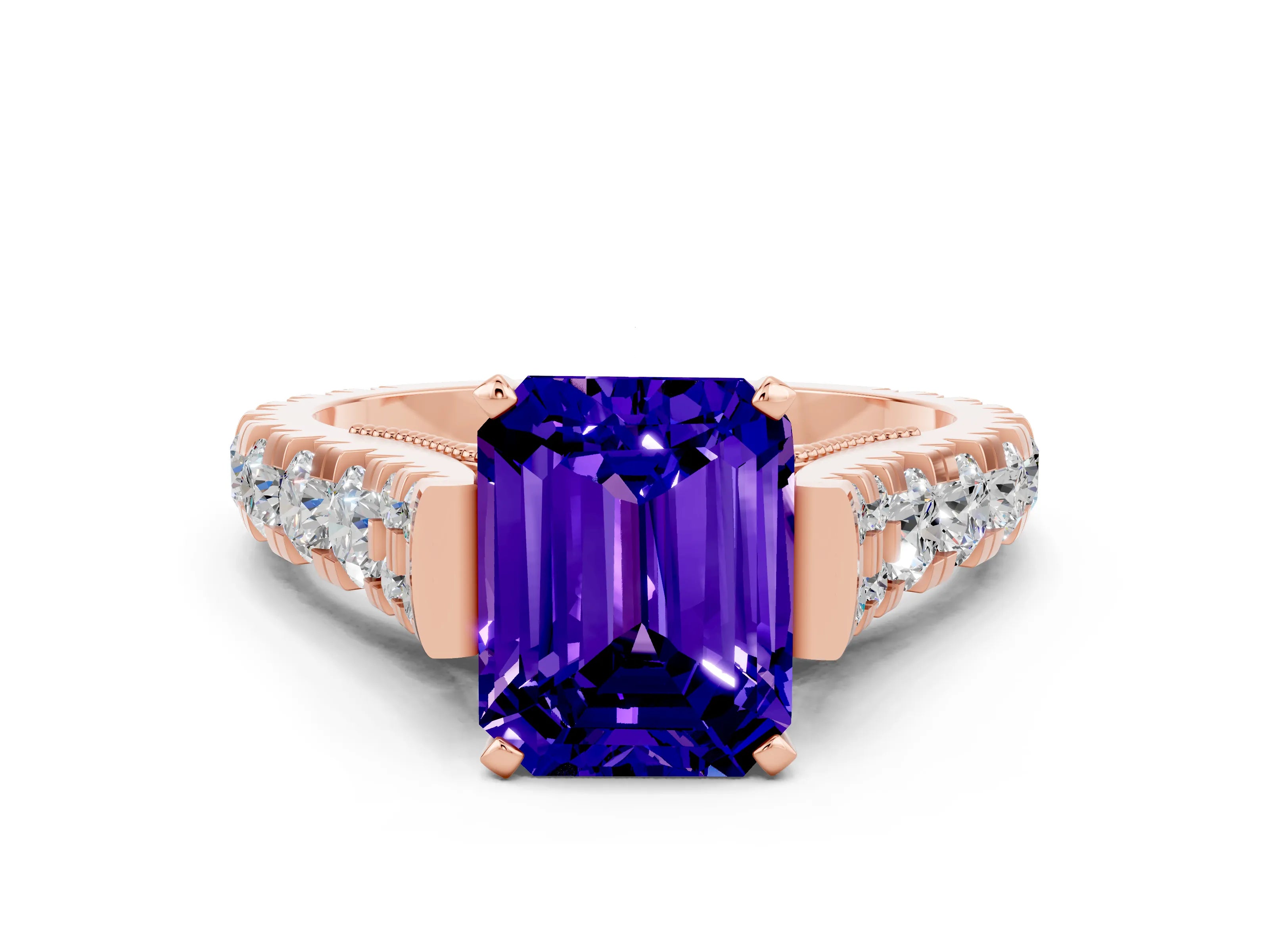 Rose gold Emerald Cut Tanzanite Classic Solitaire Ring with Pavé Band and Four-Prong Setting