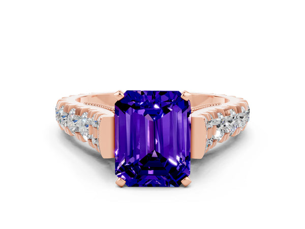 Rose gold Emerald Cut Tanzanite Classic Solitaire Ring with Pavé Band and Four-Prong Setting