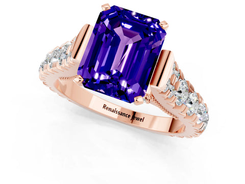 Rose gold Emerald Cut Tanzanite Classic Solitaire Ring with Pavé Band and Four-Prong Setting_1