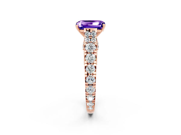 Rose gold Emerald Cut Tanzanite Classic Solitaire Ring with Pavé Band and Four-Prong Setting