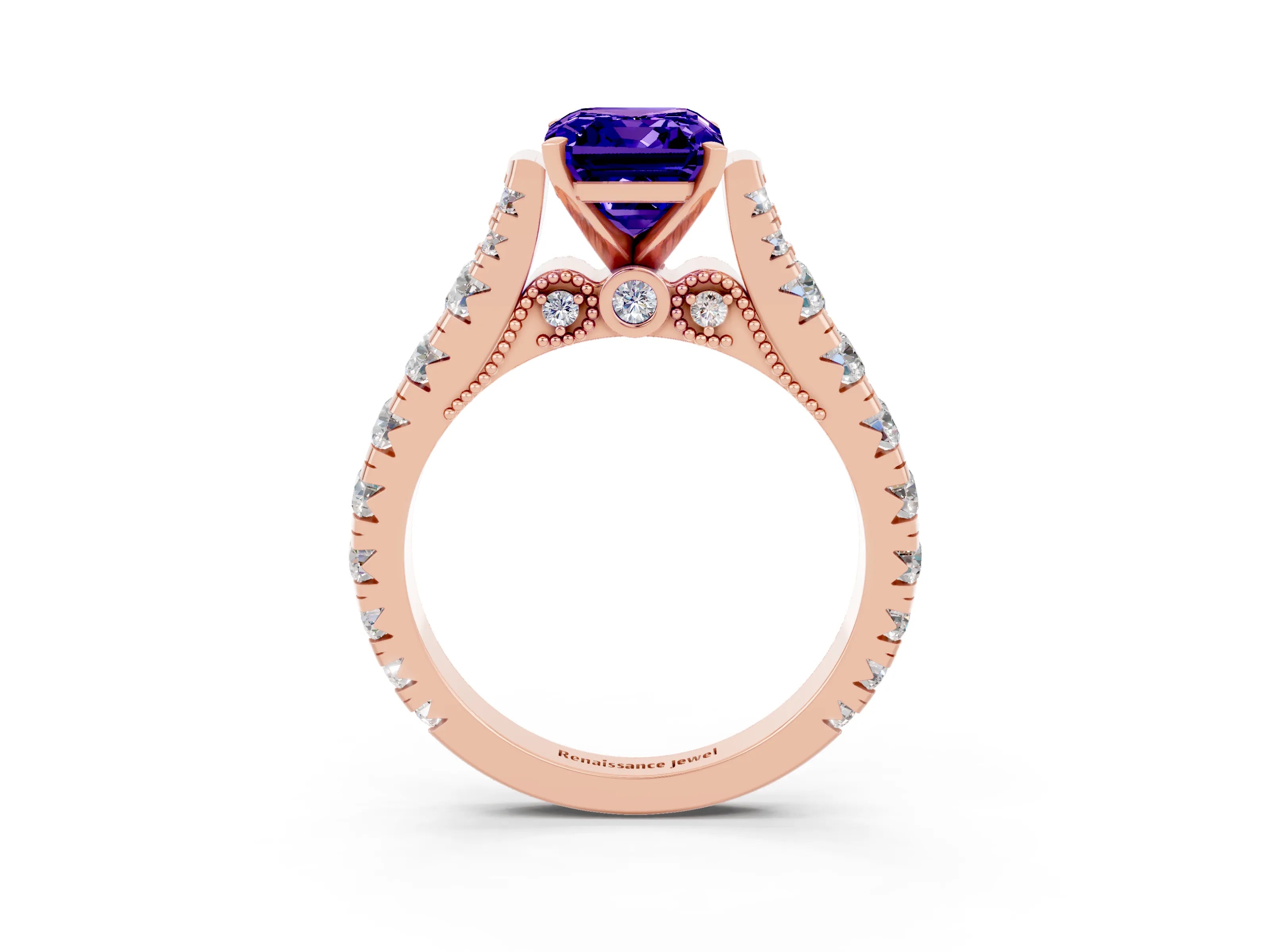 Rose gold Emerald Cut Tanzanite Classic Solitaire Ring with Pavé Band and Four-Prong Setting_3