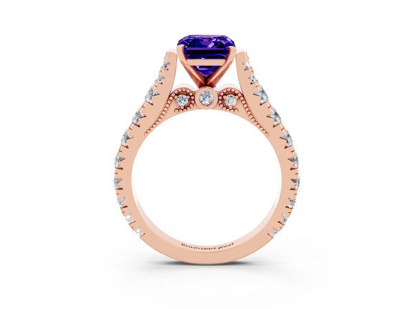 Rose gold Emerald Cut Tanzanite Classic Solitaire Ring with Pavé Band and Four-Prong Setting