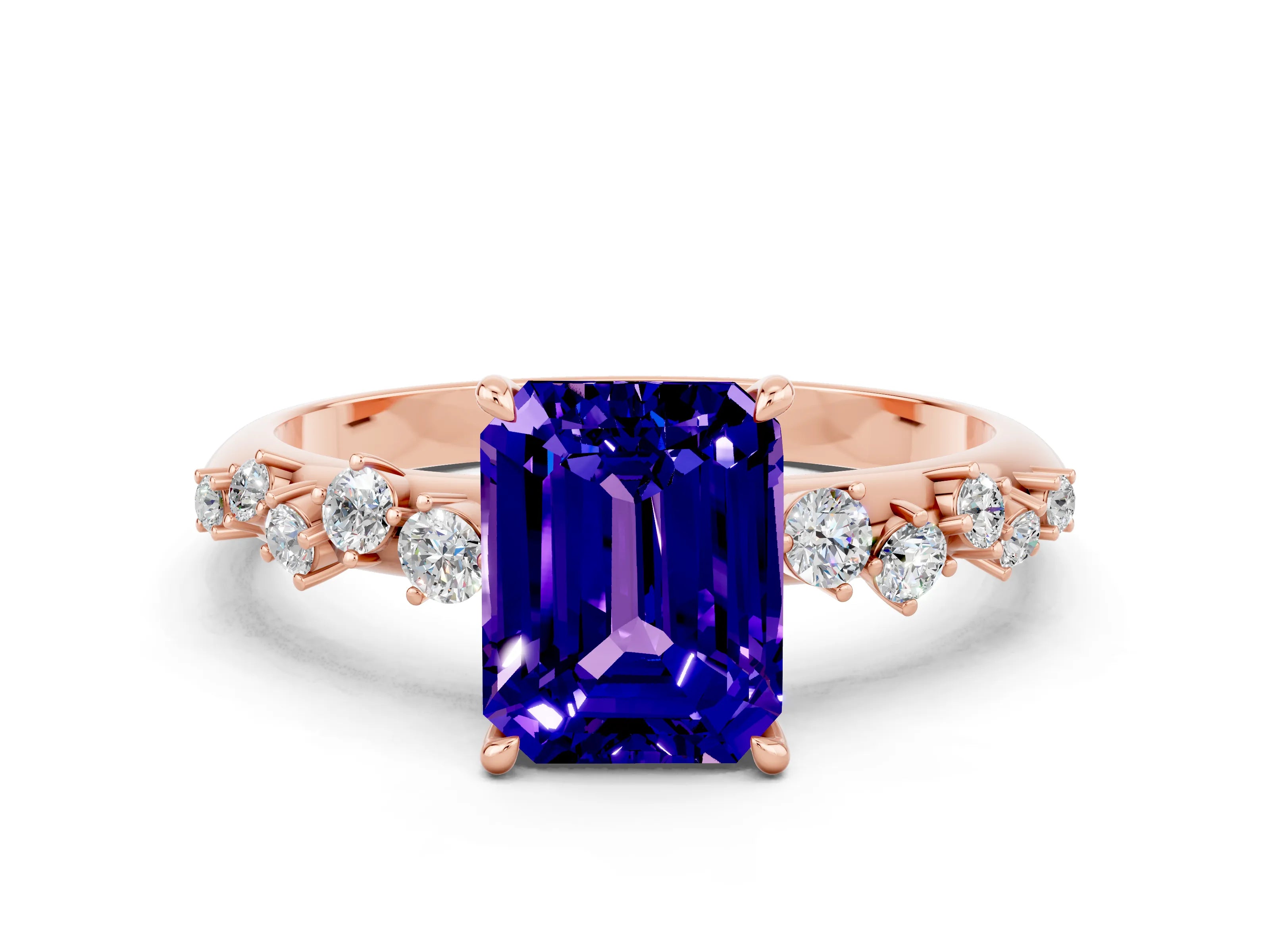 Rose gold Emerald Cut Tanzanite Cluster Side Stone Solitaire Ring with Prong Setting_24