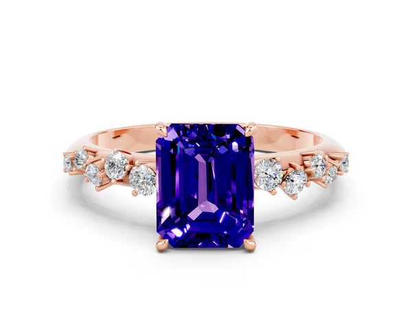 Rose gold Emerald Cut Tanzanite Cluster Side Stone Solitaire Ring with Prong Setting