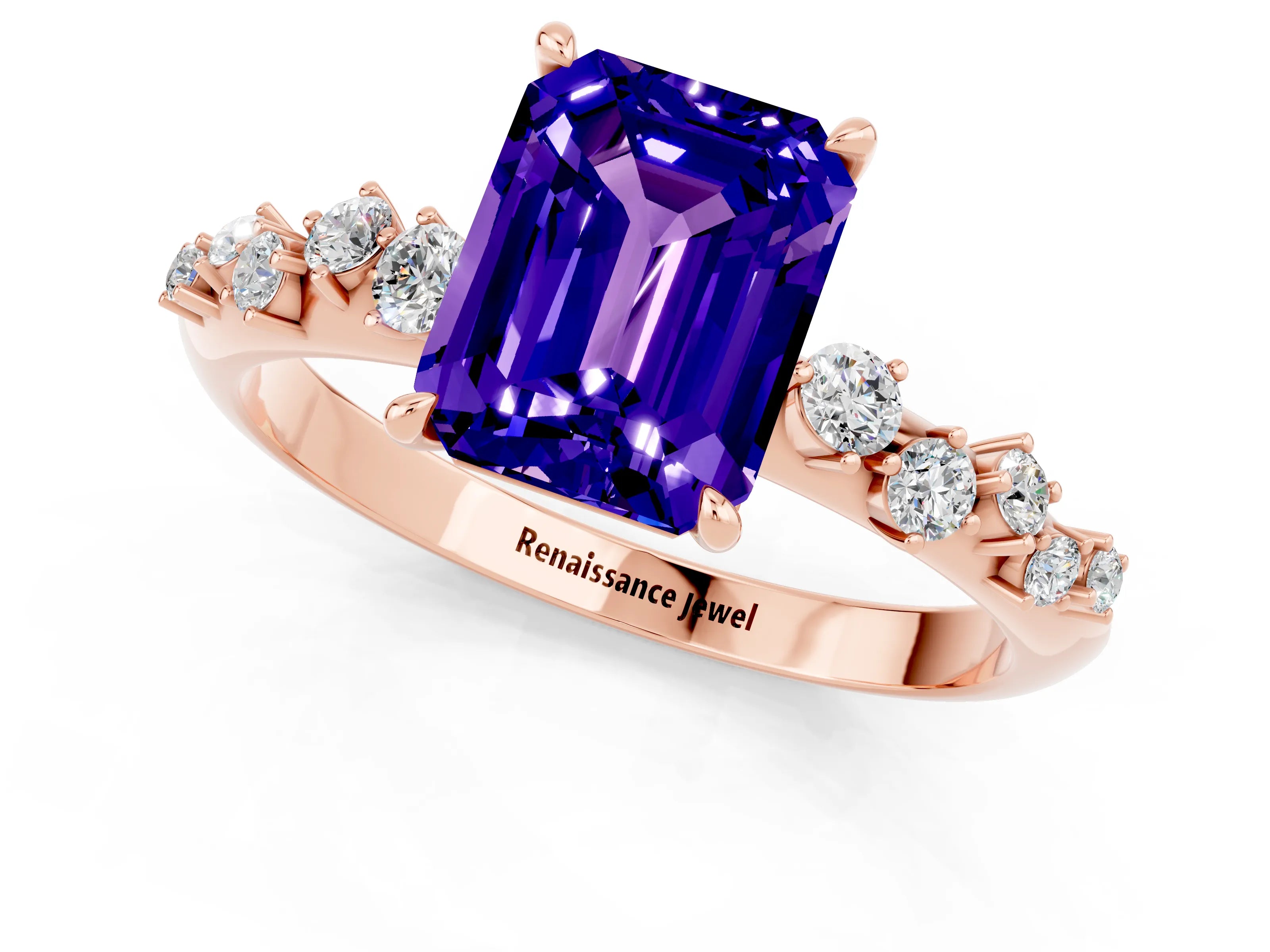 Rose gold Emerald Cut Tanzanite Cluster Side Stone Solitaire Ring with Prong Setting_25