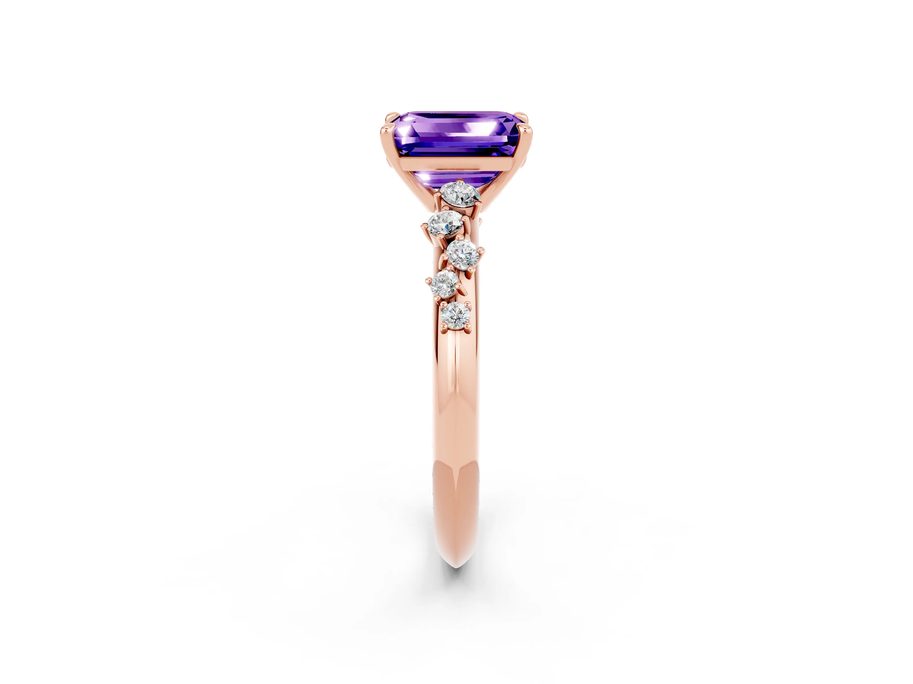 Rose gold Emerald Cut Tanzanite Cluster Side Stone Solitaire Ring with Prong Setting_26