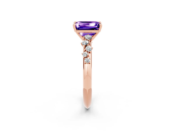 Rose gold Emerald Cut Tanzanite Cluster Side Stone Solitaire Ring with Prong Setting