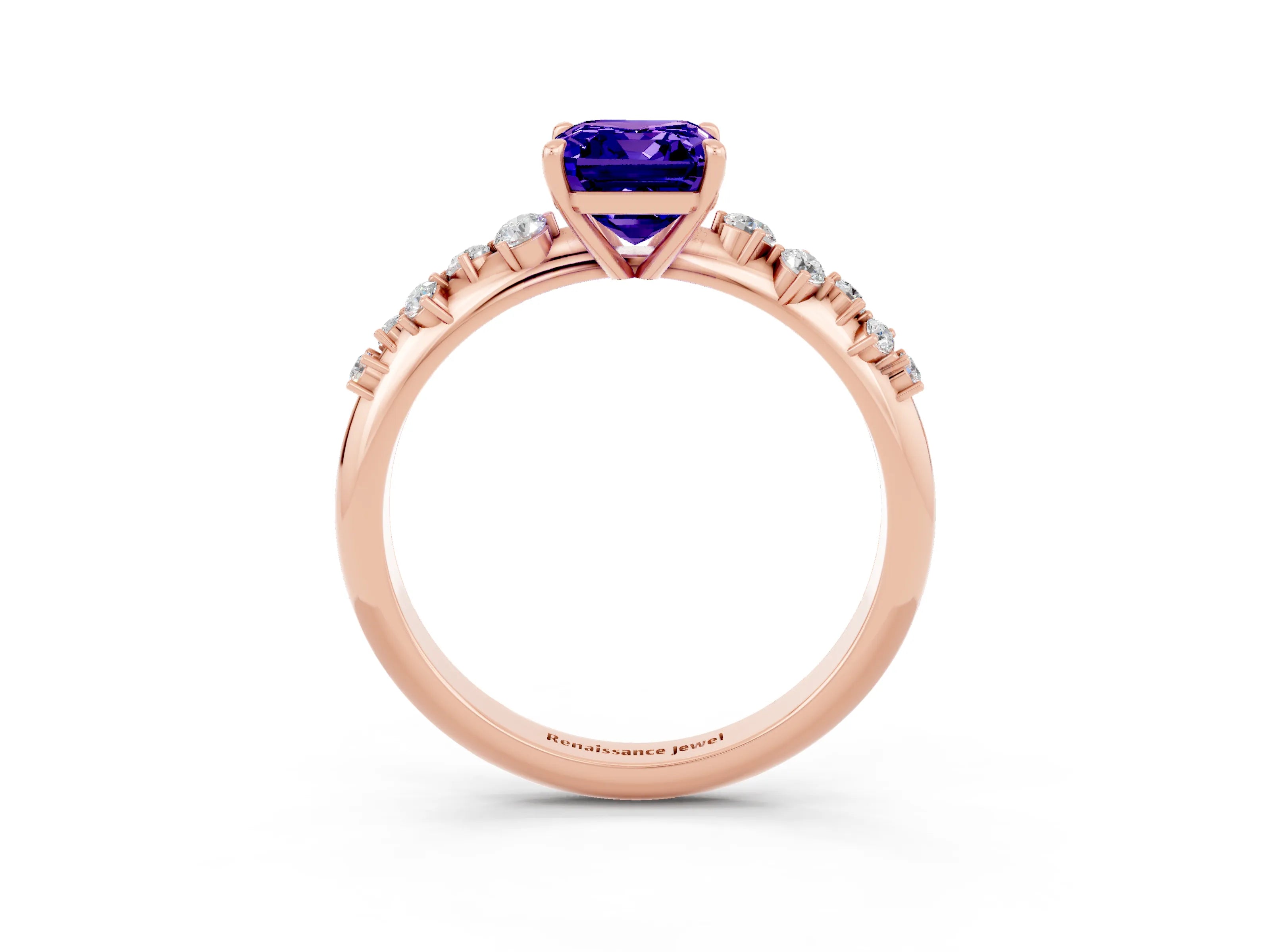 Rose gold Emerald Cut Tanzanite Cluster Side Stone Solitaire Ring with Prong Setting_27