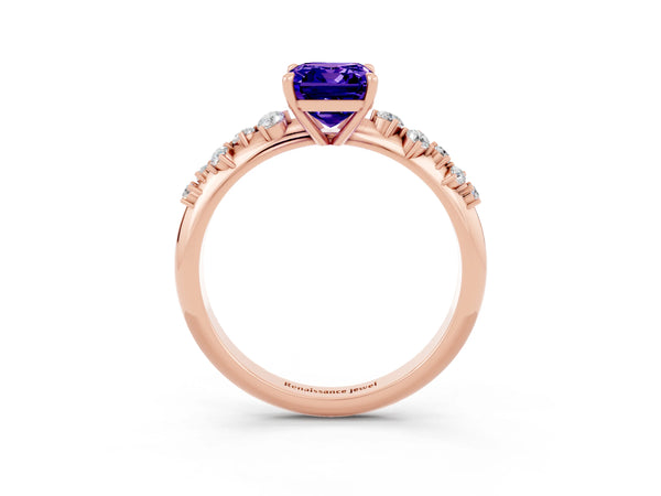 Rose gold Emerald Cut Tanzanite Cluster Side Stone Solitaire Ring with Prong Setting
