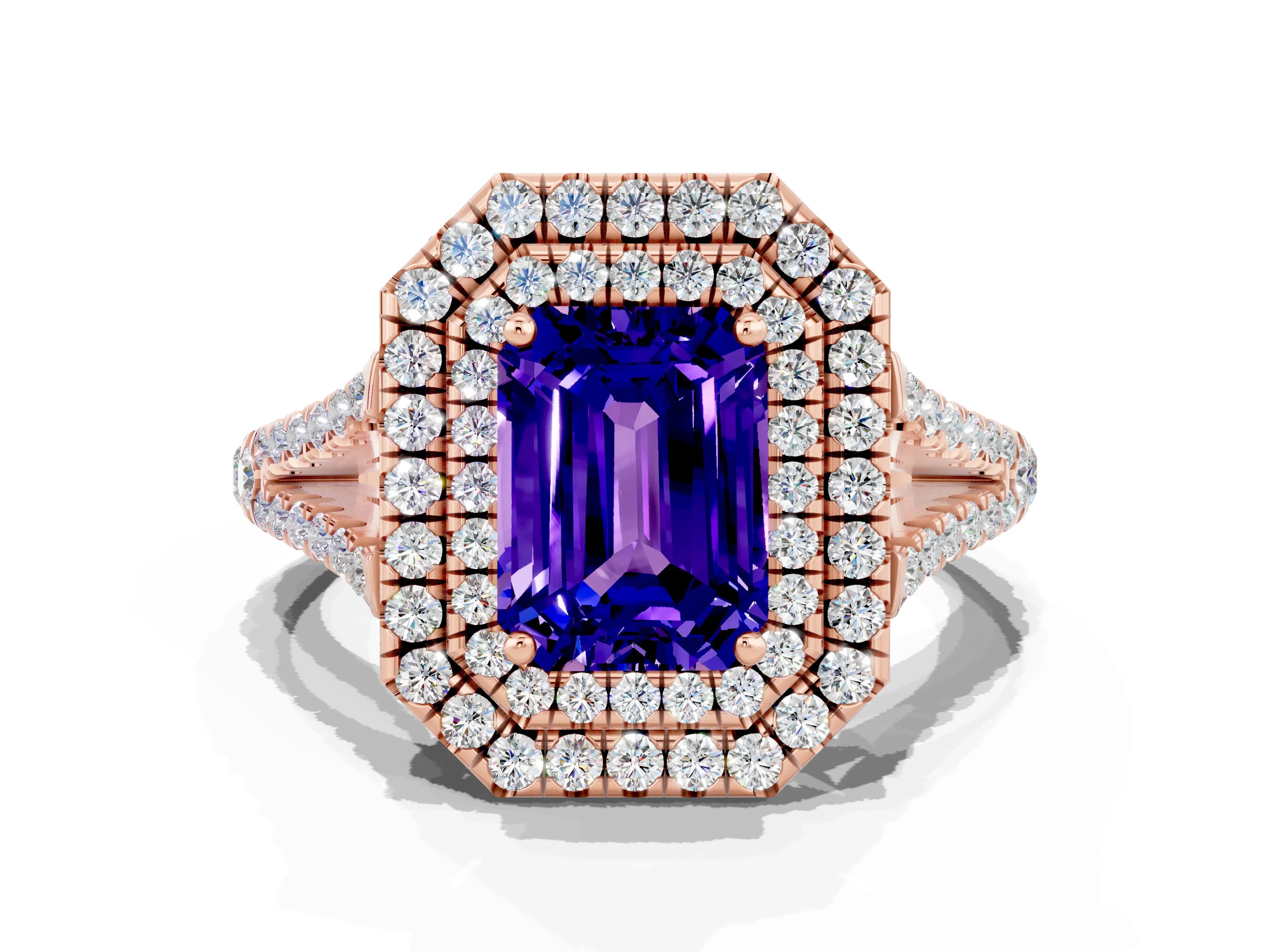 Rose gold Emerald Cut Tanzanite Double Halo Ring with Pavé Band and Prong Setting_12