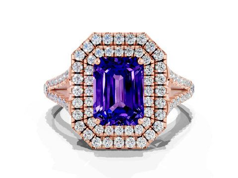 Rose gold Emerald Cut Tanzanite Double Halo Ring with Pavé Band and Prong Setting_12