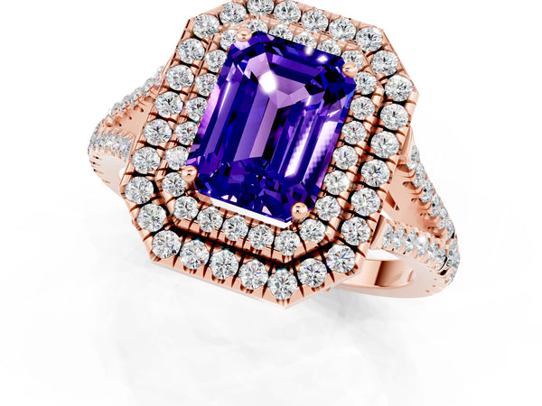 Rose gold Emerald Cut Tanzanite Double Halo Ring with Pavé Band and Prong Setting