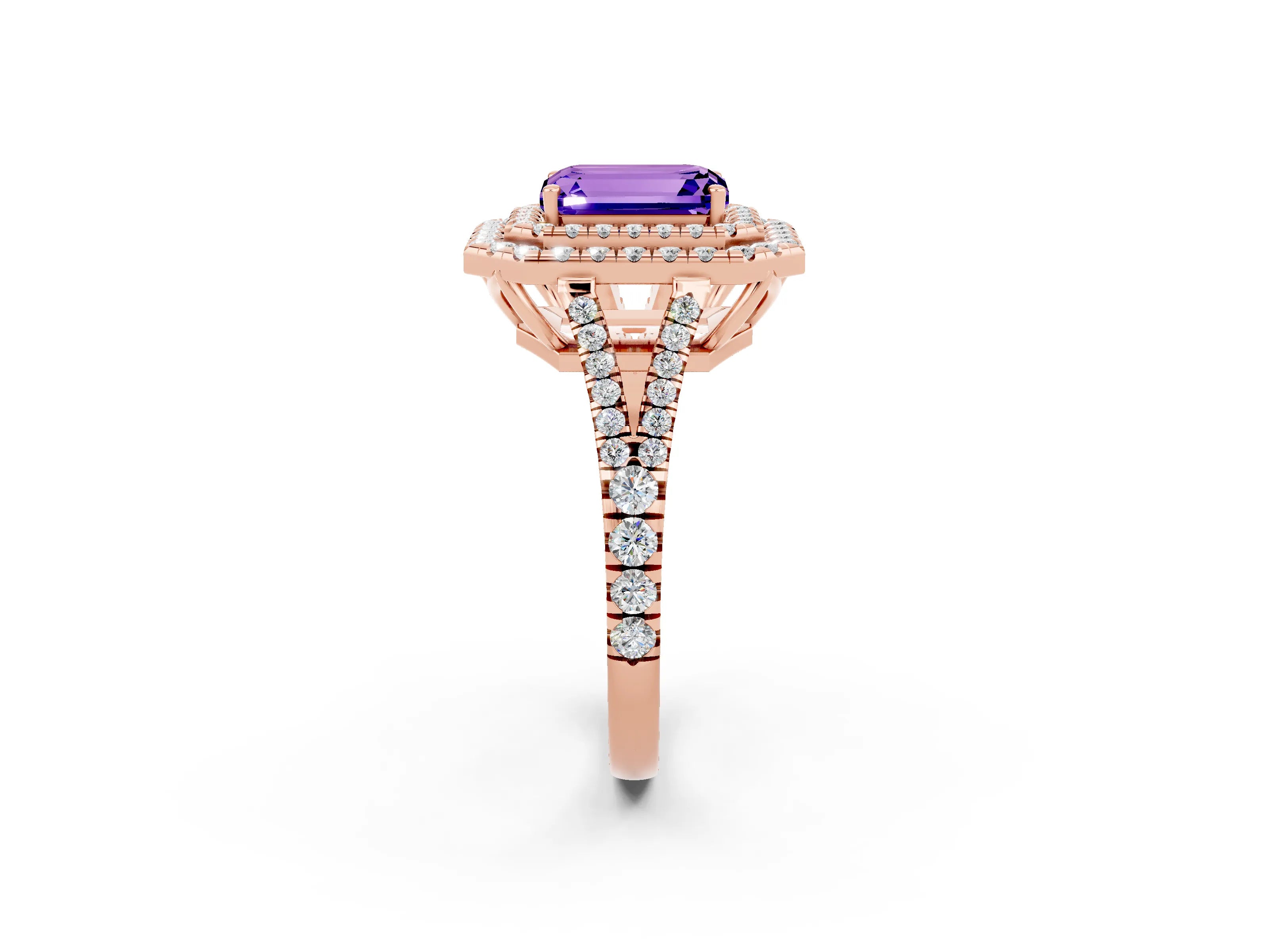 Rose gold Emerald Cut Tanzanite Double Halo Ring with Pavé Band and Prong Setting_14