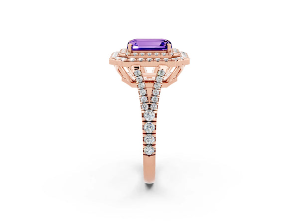 Rose gold Emerald Cut Tanzanite Double Halo Ring with Pavé Band and Prong Setting