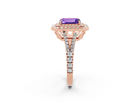 Rose gold Emerald Cut Tanzanite Double Halo Ring with Pavé Band and Prong Setting_14