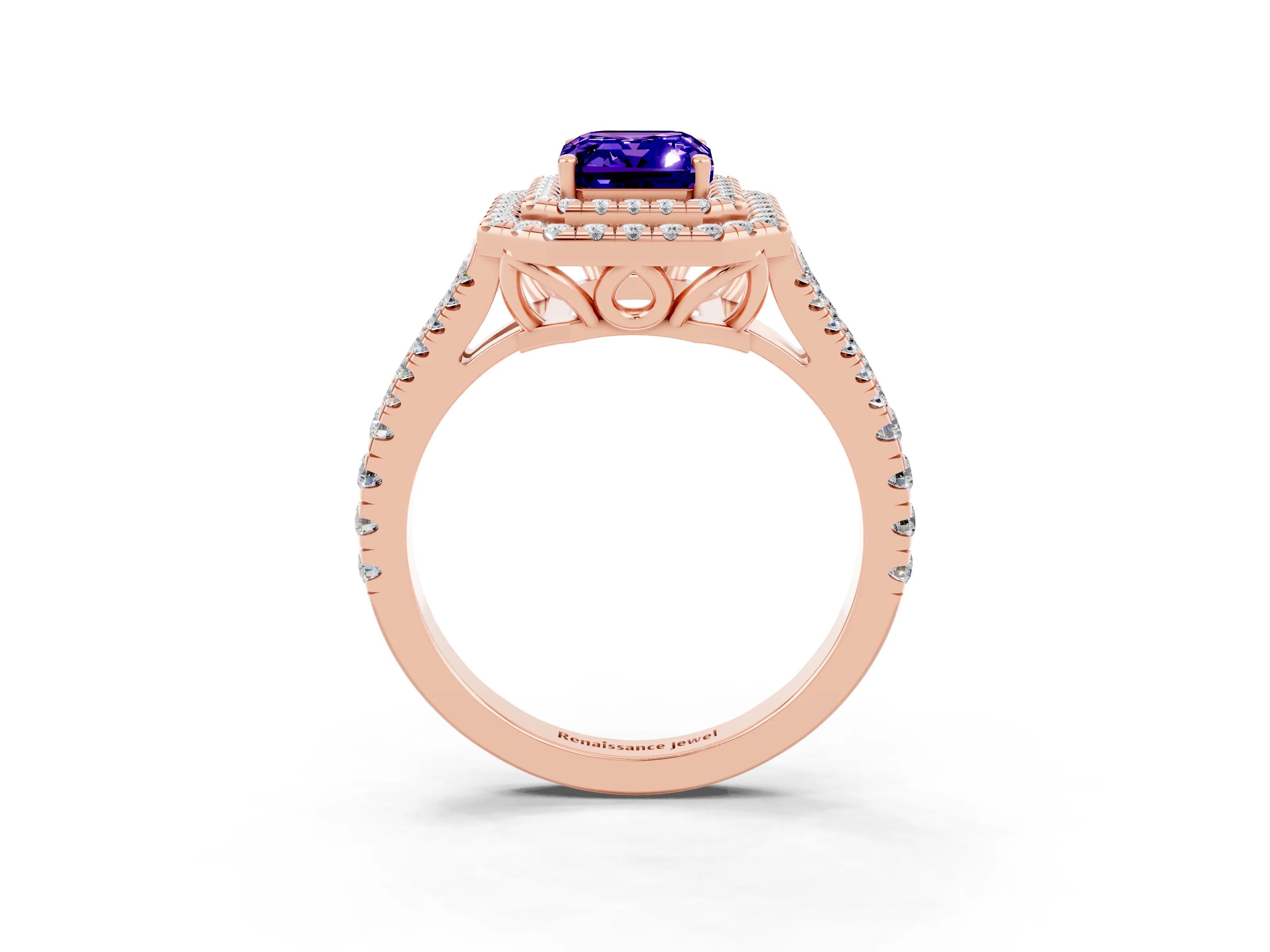 Rose gold Emerald Cut Tanzanite Double Halo Ring with Pavé Band and Prong Setting_15