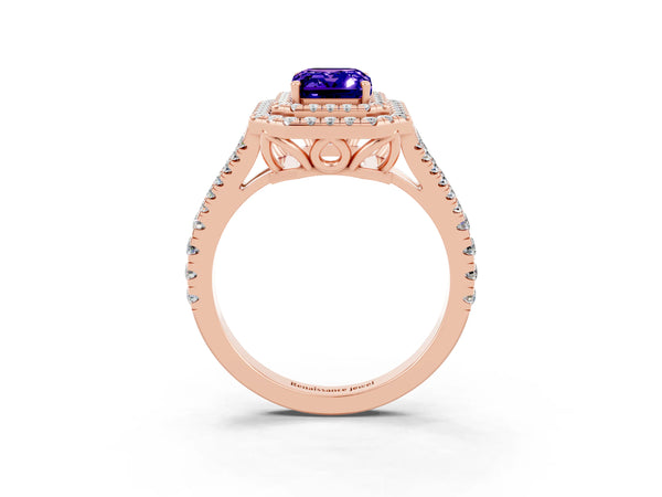 Rose gold Emerald Cut Tanzanite Double Halo Ring with Pavé Band and Prong Setting