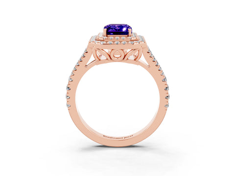 Rose gold Emerald Cut Tanzanite Double Halo Ring with Pavé Band and Prong Setting_15
