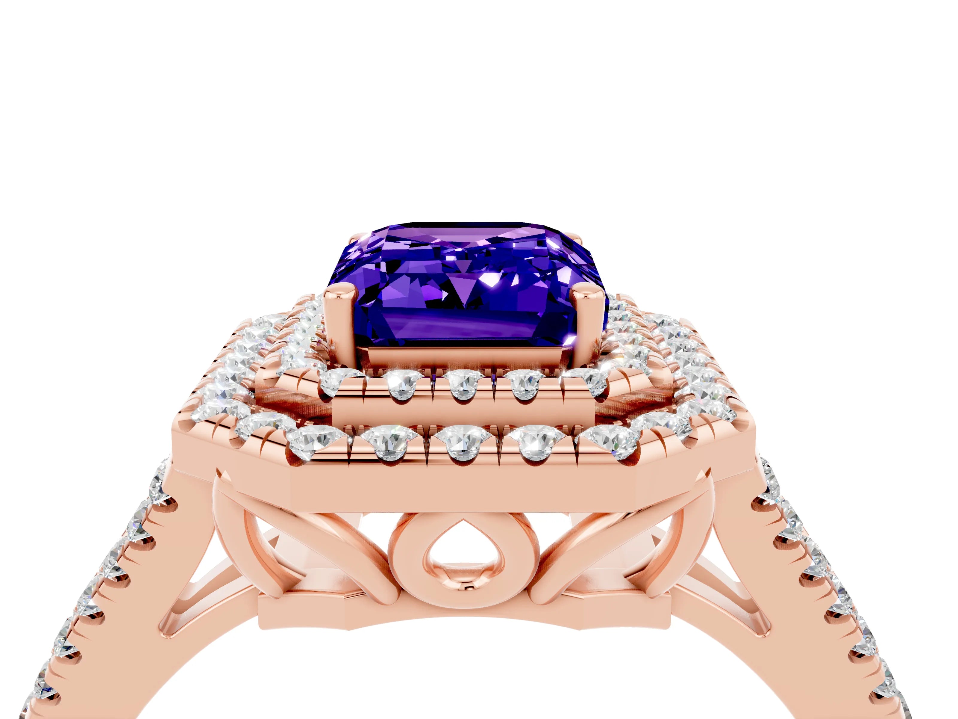 Rose gold Emerald Cut Tanzanite Double Halo Ring with Pavé Band and Prong Setting_16