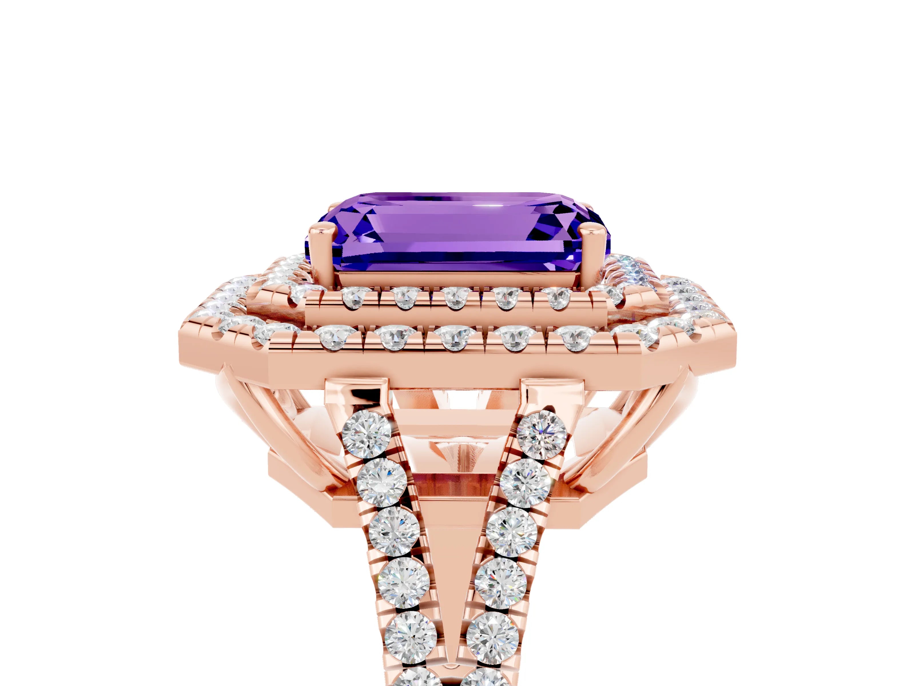 Rose gold Emerald Cut Tanzanite Double Halo Ring with Pavé Band and Prong Setting_17