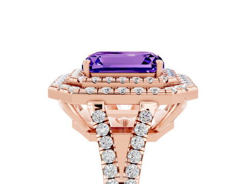 Rose gold Emerald Cut Tanzanite Double Halo Ring with Pavé Band and Prong Setting_17