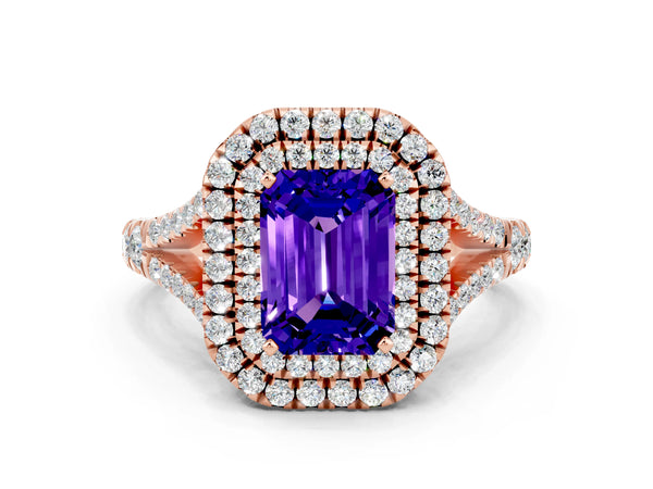 Rose gold Emerald Cut Tanzanite Double Halo Ring with Split Shank and Prong Setting