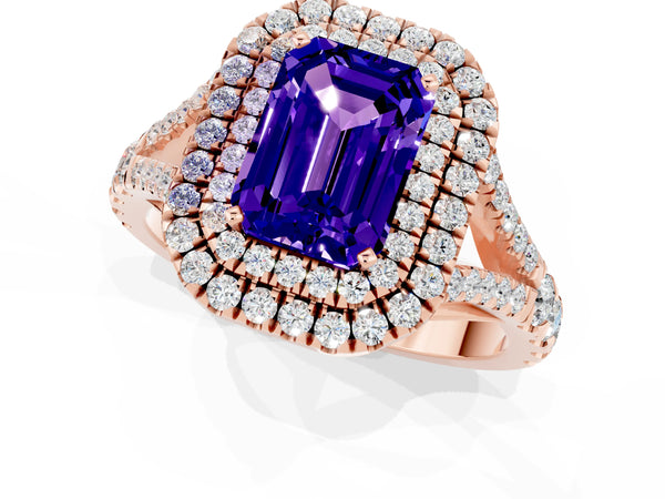 Rose gold Emerald Cut Tanzanite Double Halo Ring with Split Shank and Prong Setting
