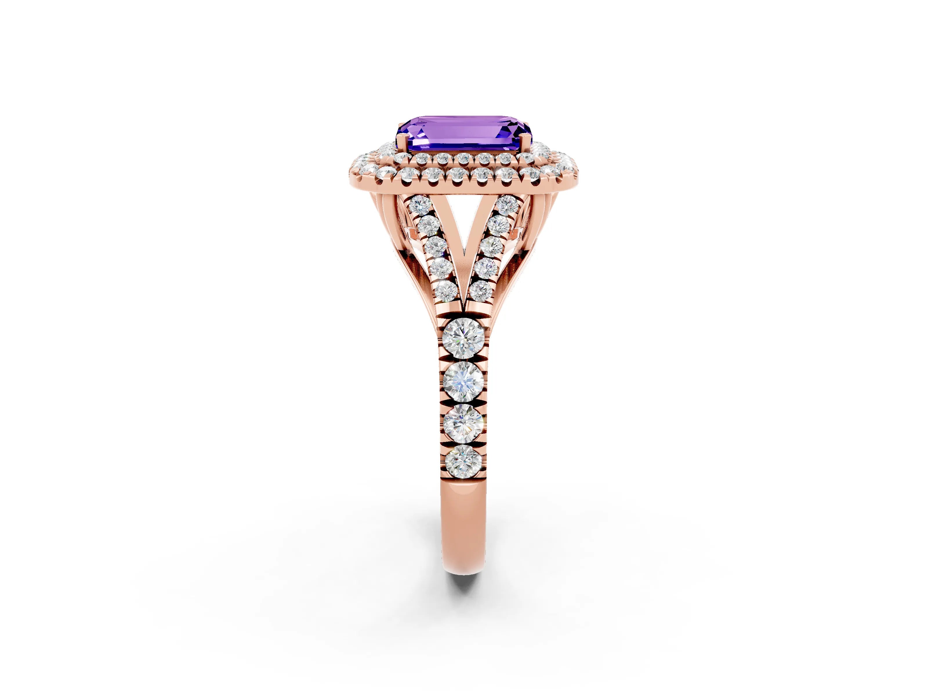 Rose gold Emerald Cut Tanzanite Double Halo Ring with Split Shank and Prong Setting_14