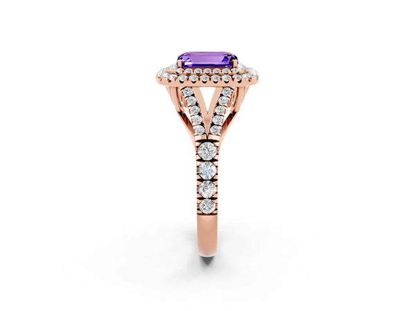 Rose gold Emerald Cut Tanzanite Double Halo Ring with Split Shank and Prong Setting