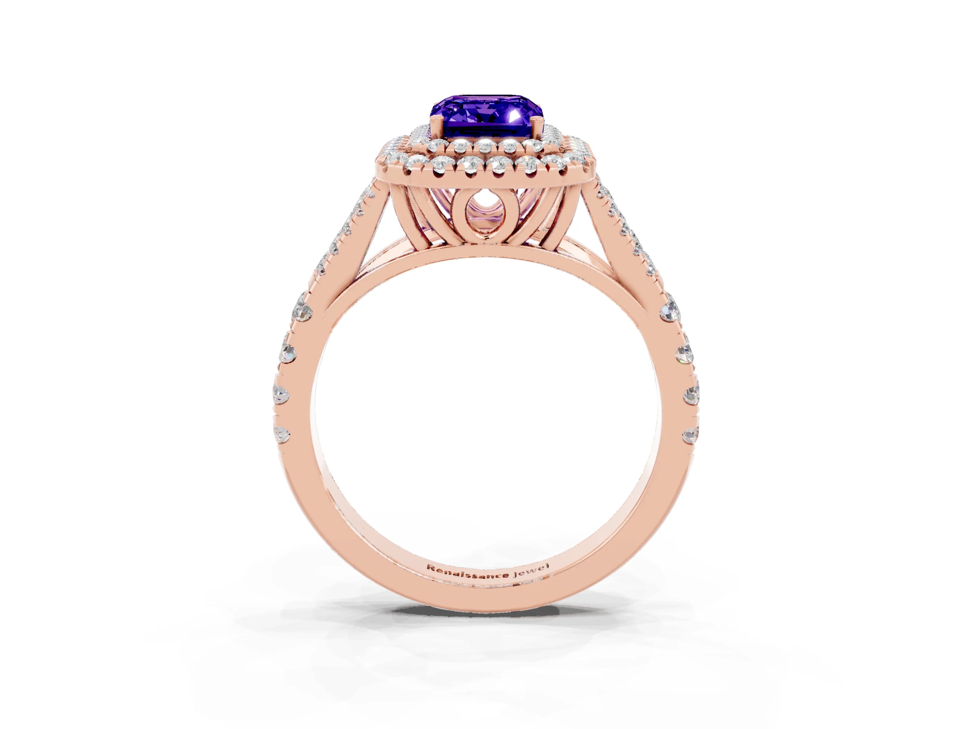 Rose gold Emerald Cut Tanzanite Double Halo Ring with Split Shank and Prong Setting_15
