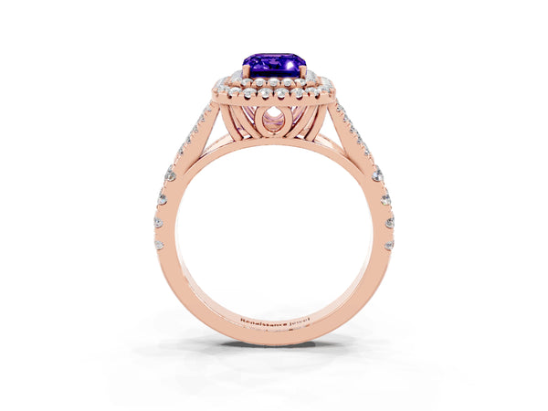 Rose gold Emerald Cut Tanzanite Double Halo Ring with Split Shank and Prong Setting