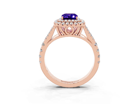 Rose gold Emerald Cut Tanzanite Double Halo Ring with Split Shank and Prong Setting_15