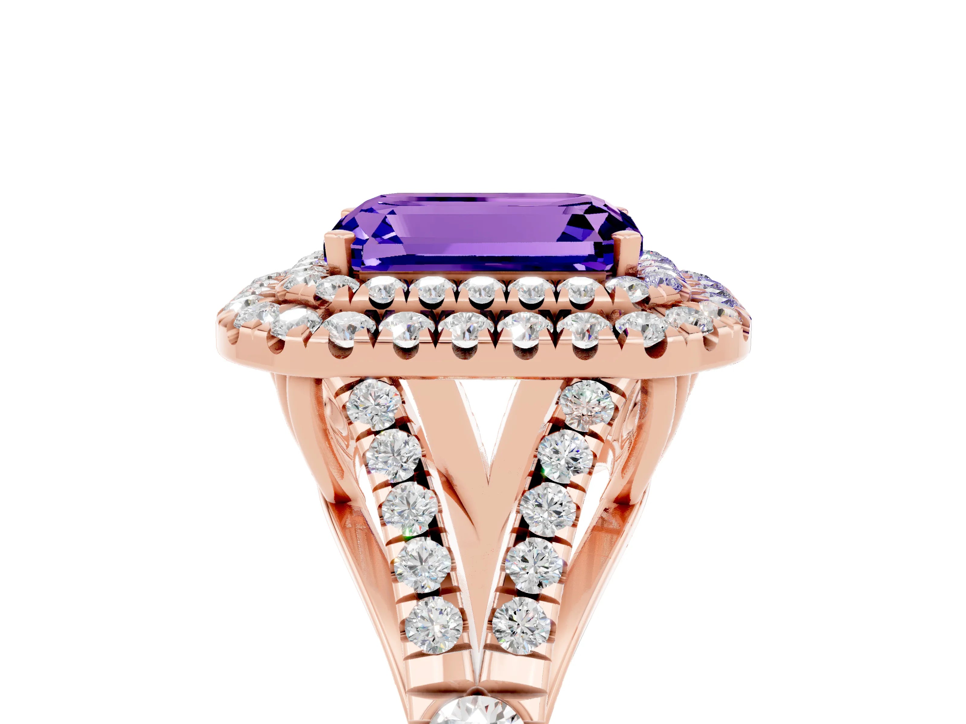 Rose gold Emerald Cut Tanzanite Double Halo Ring with Split Shank and Prong Setting_17