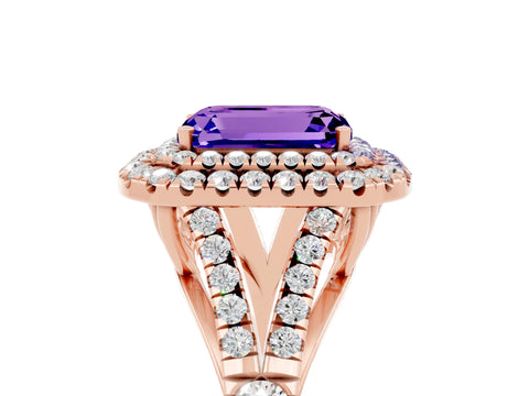 Rose gold Emerald Cut Tanzanite Double Halo Ring with Split Shank and Prong Setting_17