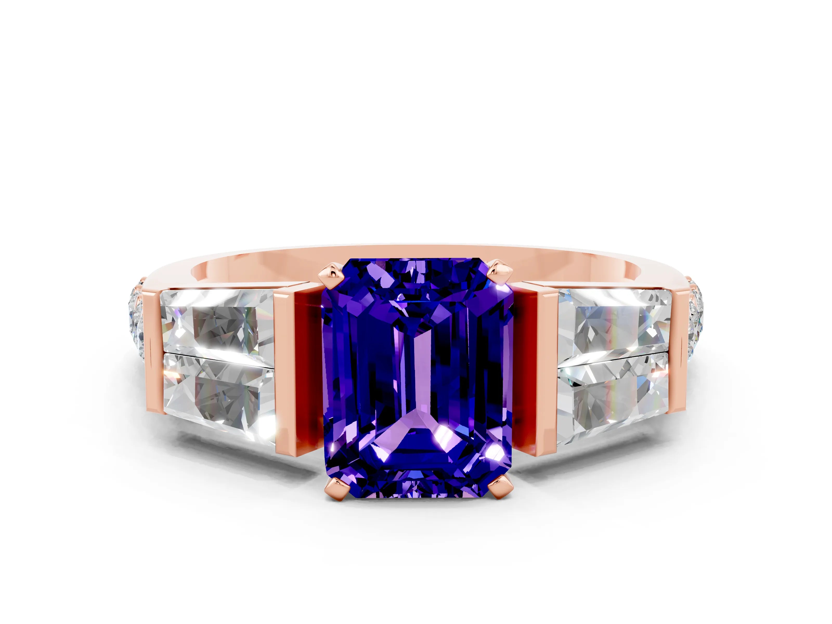 Rose gold Emerald Cut Tanzanite Engagement Ring with Baguette Side Stones and Channel Set Band