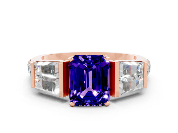 Rose gold Emerald Cut Tanzanite Engagement Ring with Baguette Side Stones and Channel Set Band