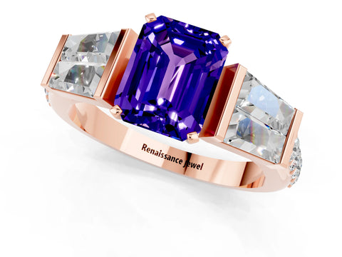 Rose gold Emerald Cut Tanzanite Engagement Ring with Baguette Side Stones and Channel Set Band_1