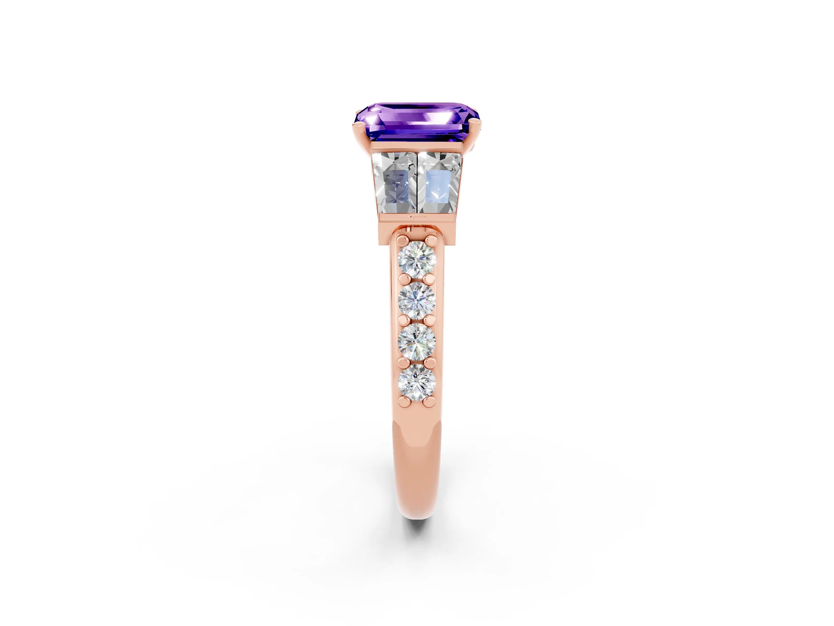 Rose gold Emerald Cut Tanzanite Engagement Ring with Baguette Side Stones and Channel Set Band_2
