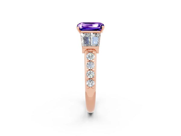 Rose gold Emerald Cut Tanzanite Engagement Ring with Baguette Side Stones and Channel Set Band