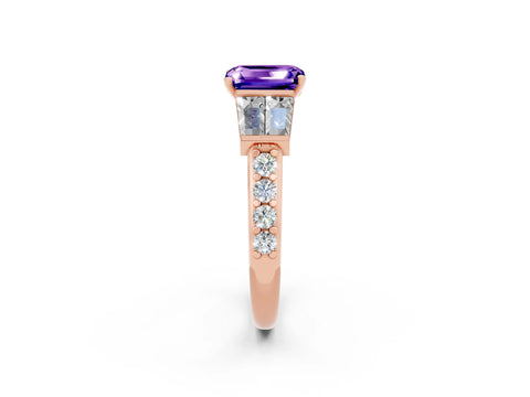 Rose gold Emerald Cut Tanzanite Engagement Ring with Baguette Side Stones and Channel Set Band_2
