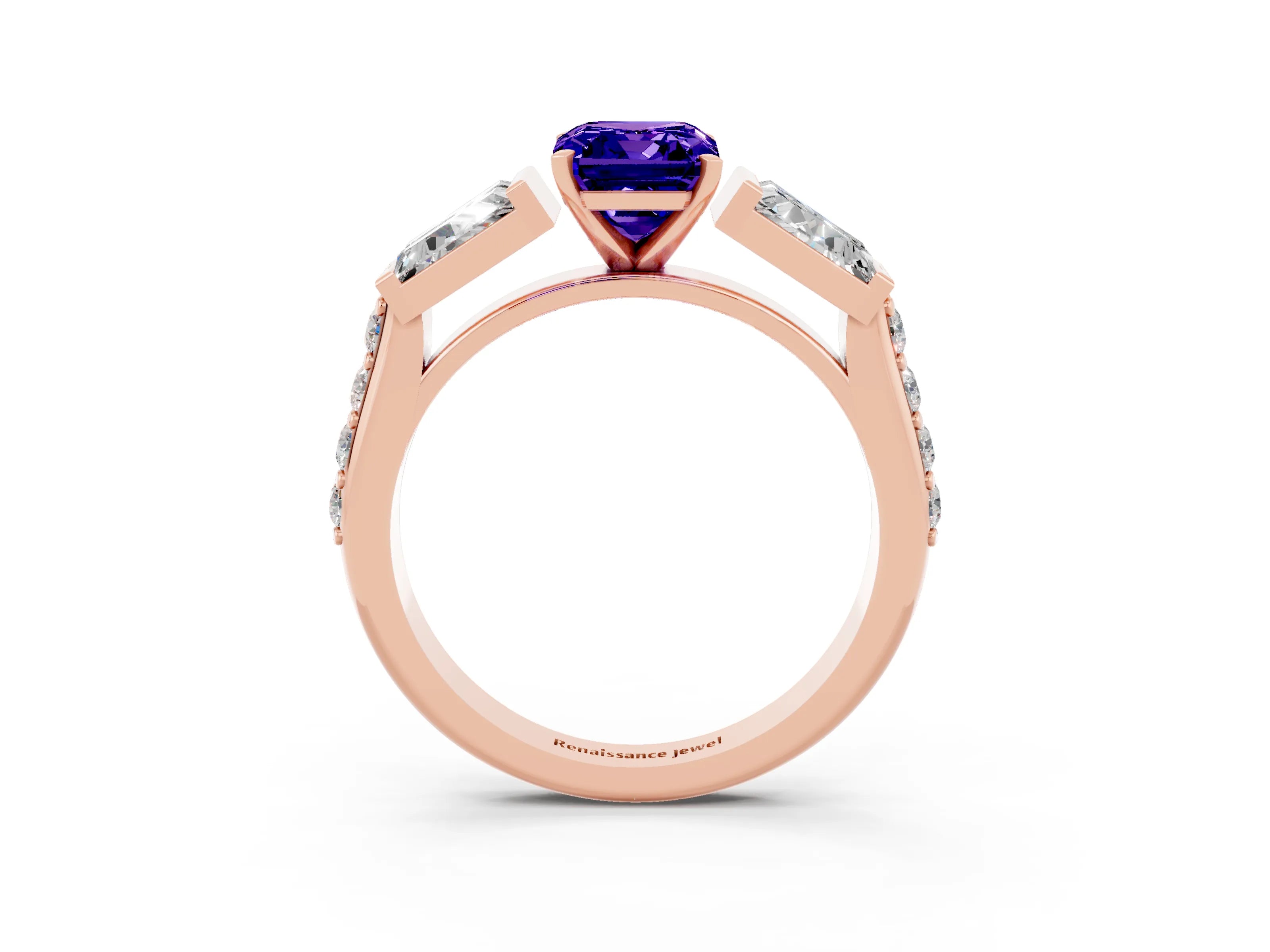 Rose gold Emerald Cut Tanzanite Engagement Ring with Baguette Side Stones and Channel Set Band_3