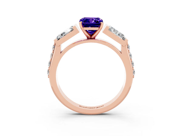 Rose gold Emerald Cut Tanzanite Engagement Ring with Baguette Side Stones and Channel Set Band